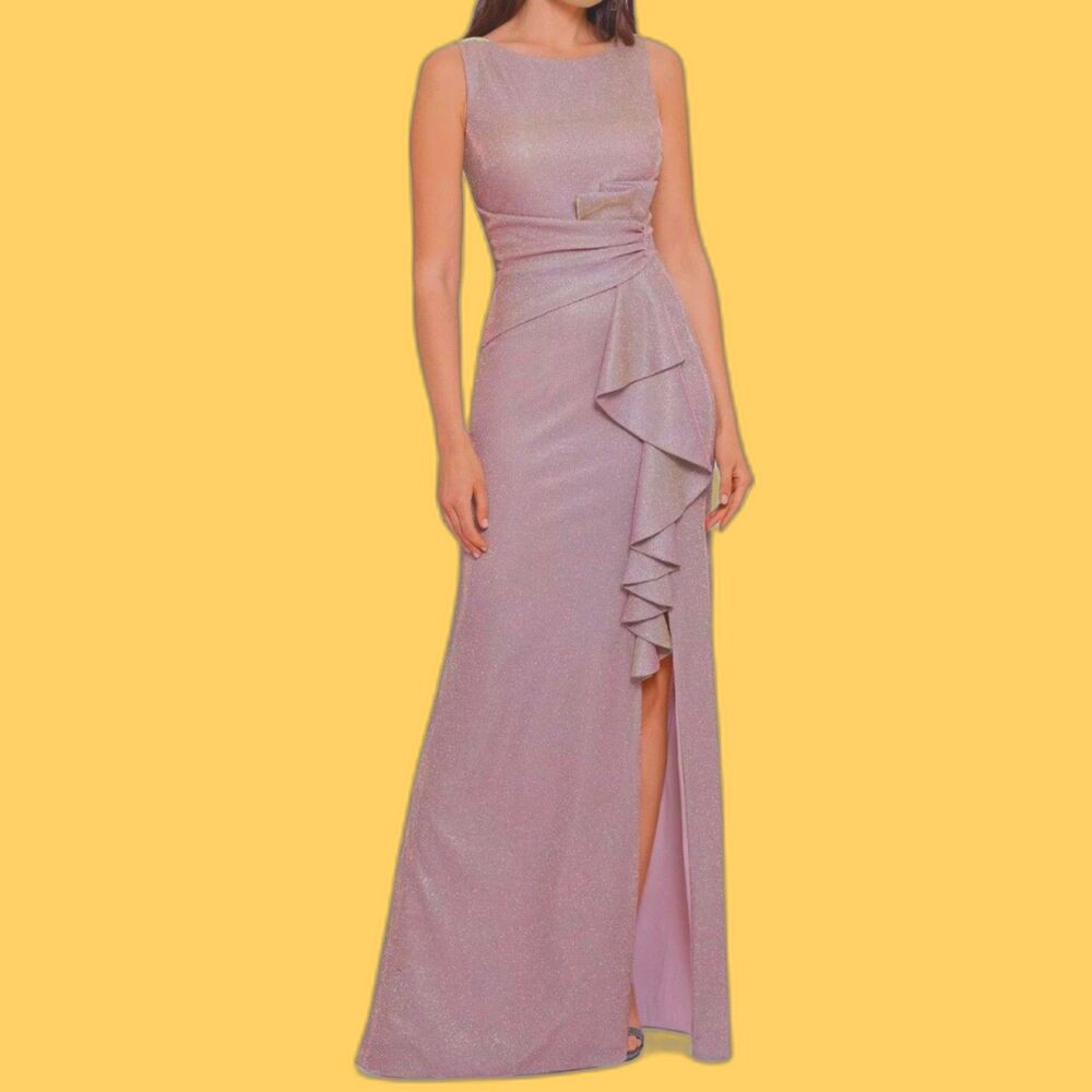 Betsy & Adam Glitter Cascading Ruffle Draped Beige Gown Gold Formal Dress Size 6